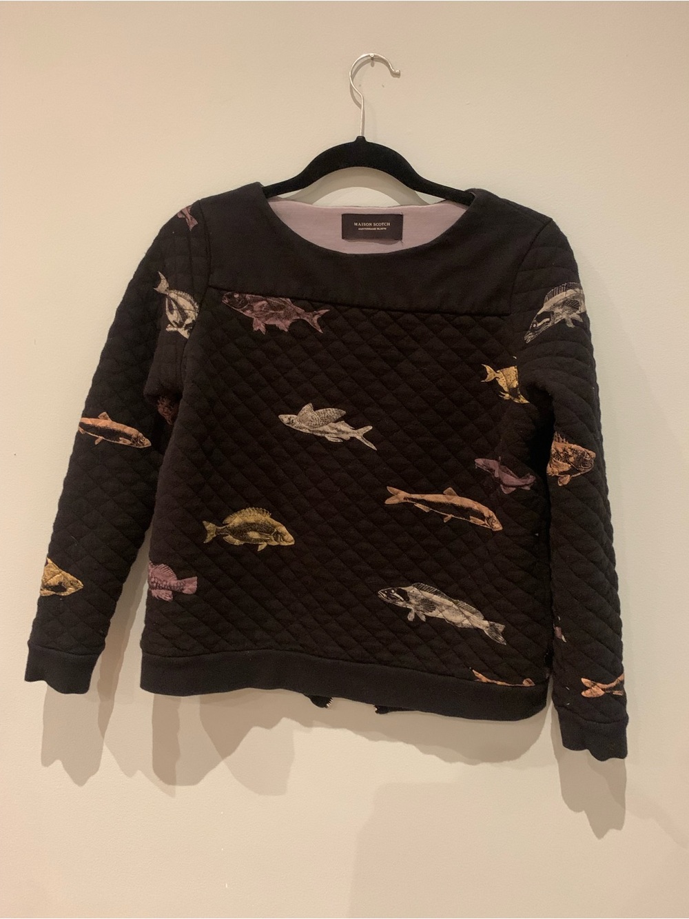 Women’s Scotch & Soda Black Quilted Sweatshirt with Multicolor Fish Motif